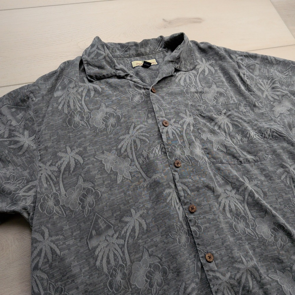 Tommy Bahama Mens Large Silk Camp Shirt Grey Tropical Palm Tree Floral Button Up